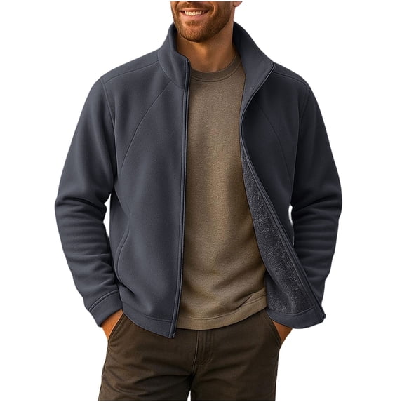 Timoontee Men Full‑Zip Polar‑Fleece Jacket Stand‑Collar Thick‑Lined Side‑Hand Pockets Regular‑Fit Cold‑Weather Coat Gray XXL