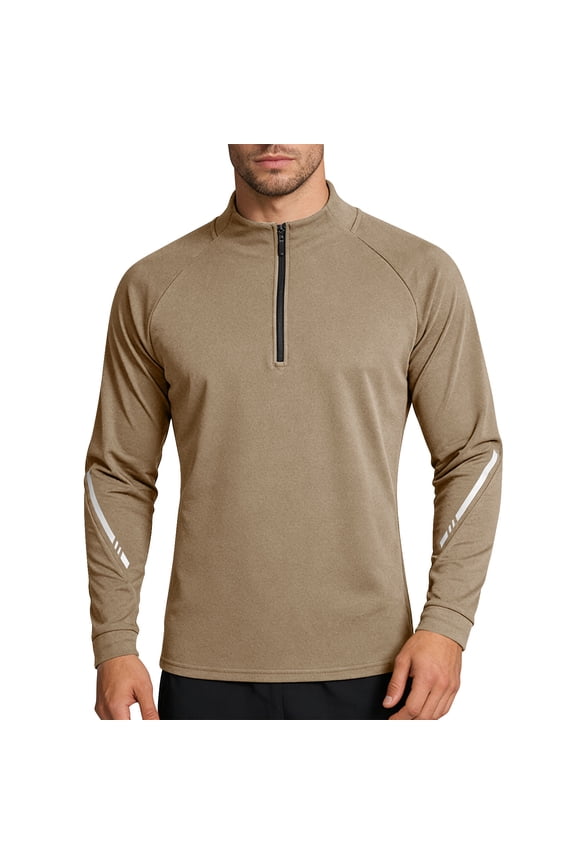 Men Half Zip Mock Neck Raglan Long Sleeve Performance Pullover Striped Sleeve Detail UPF Quick Dry Golf Running Outdoor Athletic Tops Brown M