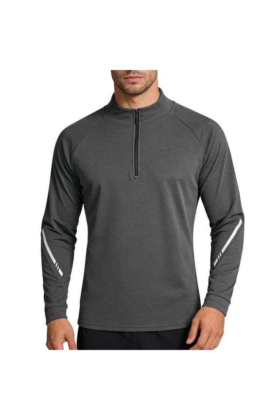 Men Half Zip Mock Neck Raglan Long Sleeve Performance Pullover Striped Sleeve Detail UPF Quick Dry Golf Running Outdoor Athletic Tops Gray M