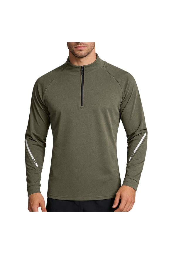 Men Half Zip Mock Neck Raglan Long Sleeve Performance Pullover Striped Sleeve Detail UPF Quick Dry Golf Running Outdoor Athletic Tops Green M