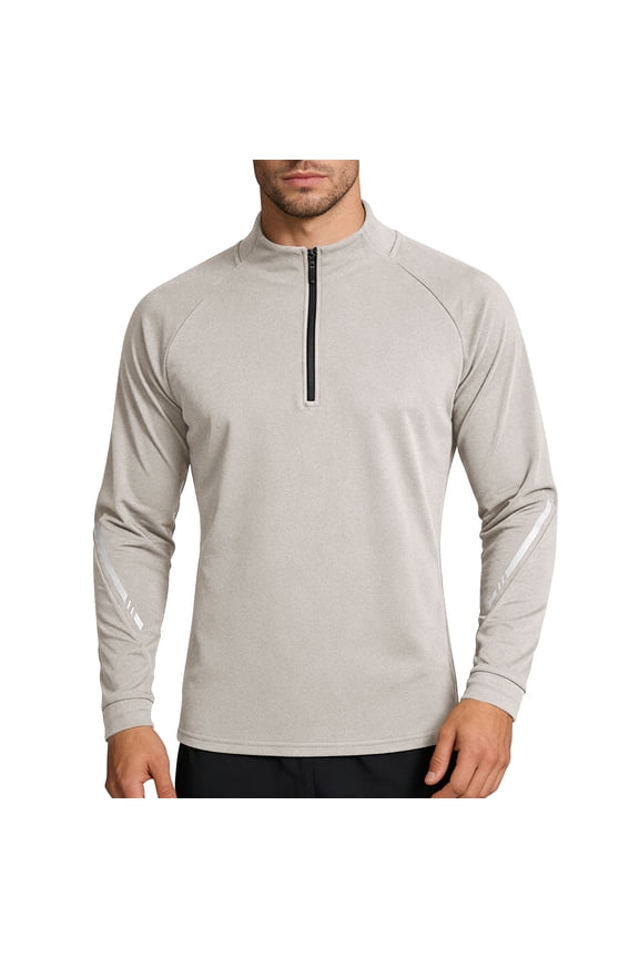 Men Half Zip Mock Neck Raglan Long Sleeve Performance Pullover Striped Sleeve Detail UPF Quick Dry Golf Running Outdoor Athletic Tops Yellow M
