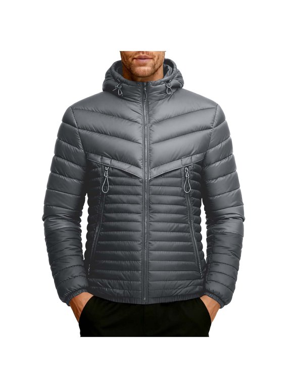 Men Hooded Chevron Quilted Puffer JacketFull Zip Drawstring Hood Multi PocketsLightweight Insulated Outerwear for Travel Cold Season Outdoor Activities Gray XXL