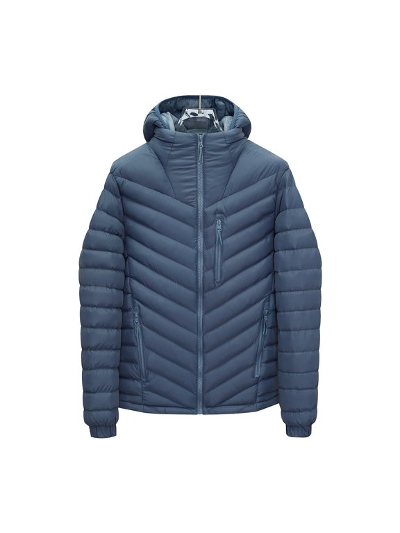 Men Hooded Chevron Quilted Puffer JacketFull Zip Fleece LinedMulti Zipper PocketsElastic CuffsWind Resistant Warm Outerwear for Winter Outdoor Activities Blue L