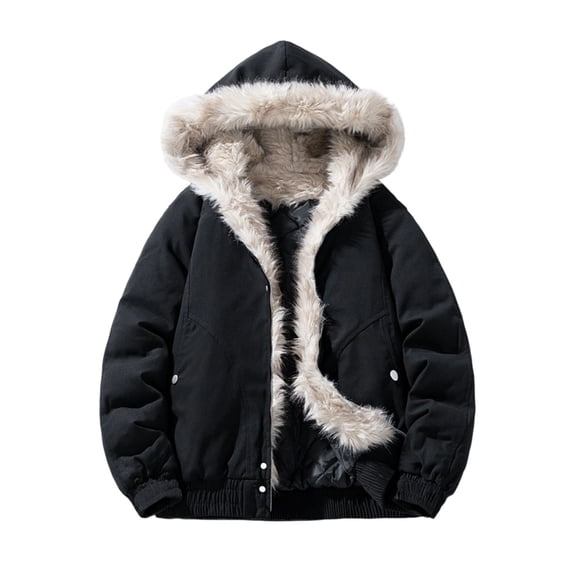 Timoontee Men Hooded Faux Fur LinedJacket Full Zip Ribbed Hem Cuffs Loose Fit Thick Warm Outerwear Coat Wind Resistant Design For Daily Travel Street Casual Cold Season Male Outer Garments Black XXXL