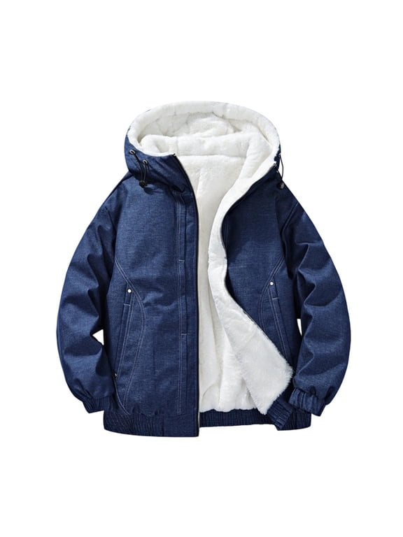 Men Hooded Fleece‑Lined Winter Jacket Full‑Zip Drawstring‑Hood Ribbed‑Cuffs‑Hem Multi‑Stitch‑Pockets Thick‑Warm Outerwear Blue XXXXL