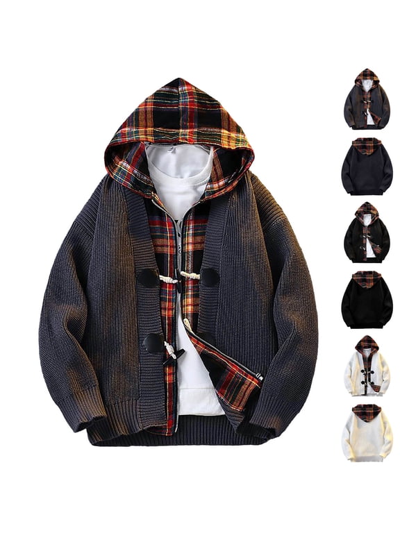 Men Hooded Knit Cardigan Jacket Toggle Button Plaid Lining Loose Oversized Fit Long Sleeve Warm Outer Coat For Street Dating Weekend Gathering Fall Winter Male Fashion Outfits Black L