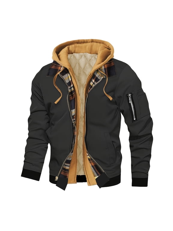 Men Hooded Layered Jacket Quilted Lining Plaid Inner Collar Multi Utility Pockets Ribbed Cuffs Hem Loose Windproof Warm For Street Travel Winter Daily Outfits Black XXL