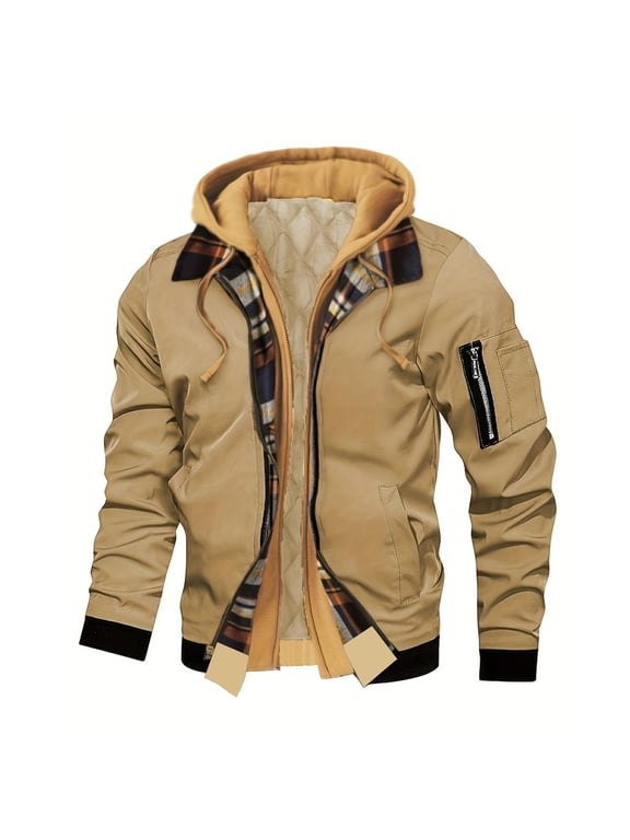 Men Hooded Layered Jacket Quilted Lining Plaid Inner Collar Multi Utility Pockets Ribbed Cuffs Hem Loose Windproof Warm For Street Travel Winter Daily Outfits Yellow XXXL