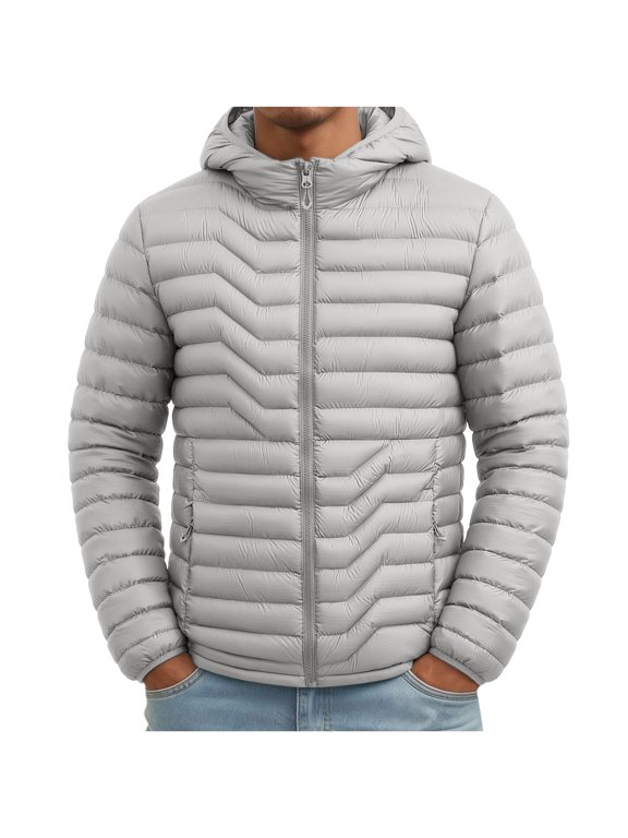 Men Hooded Puffer Jacket Full Zip Chevron Stitched Quilt Design Side Zipper Pockets Ribbed Cuffs Lightweight Insulated Outer Coat For Hiking Camping Cold Weather Men Outerwear Black XXXL