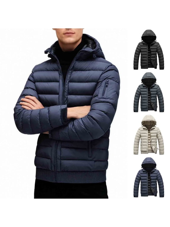 Men Hooded Quilted Puffer Jacket Full Zip Ribbed Hem Cuffs Multi Zipper Pockets Drawstring Hood Insulated Warm Outerwear for Winter Casual Outdoor Travel Black L