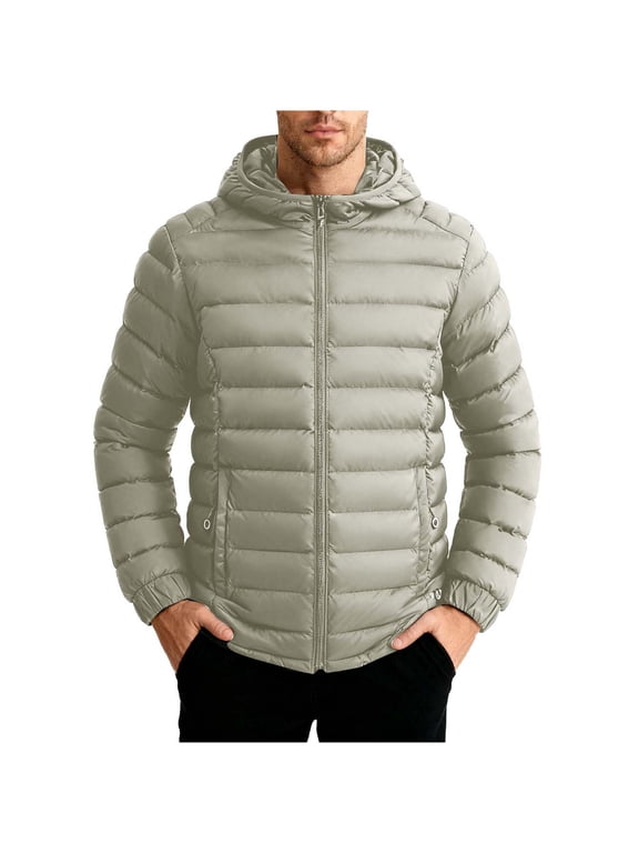 Men Hooded Quilted Puffer JacketFull Zip Elastic Cuffs Hem Side PocketsLightweight Insulated Outerwear for Cold Weather Travel Fall Winter Casual Yellow L