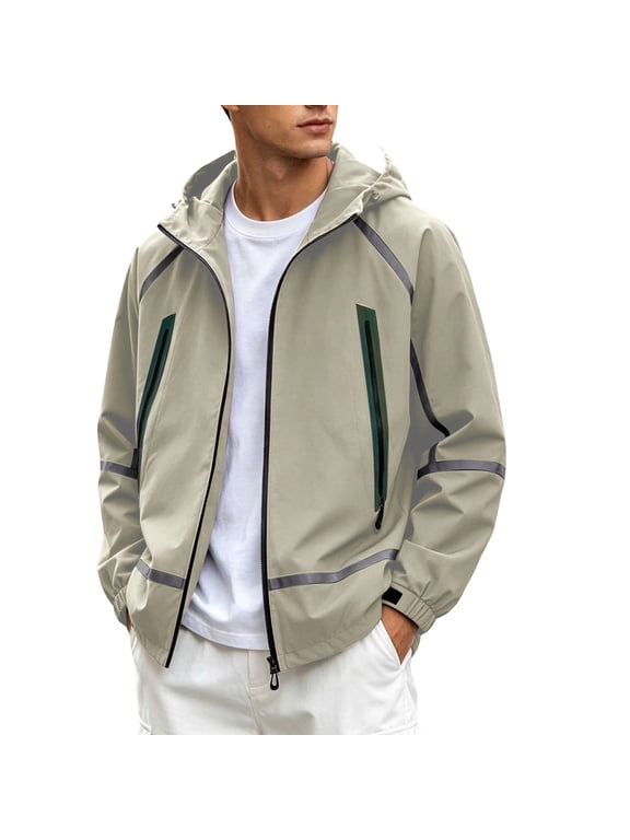 Men Hooded Reflective Windbreaker JacketFull Zip Drawstring HoodZipper Pockets Elastic CuffsLightweight Water Resistant Outerwear for Night Running Commuting Green S