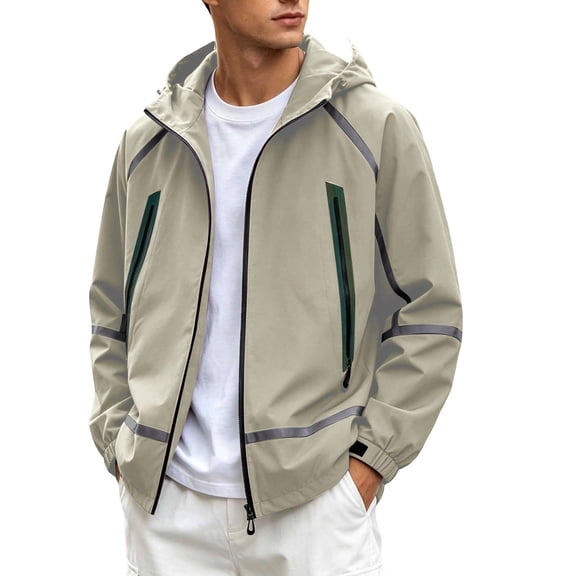 Timoontee Men Hooded Reflective Windbreaker JacketFull Zip Drawstring HoodZipper Pockets Elastic CuffsLightweight Water Resistant Outerwear for Night Running Commuting Green S