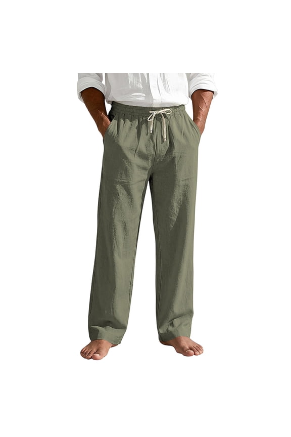Men Knotted Drawstring Elastic High Waist Straight Wide Leg Linen Woven Pants Deep Side Pockets Wrinkle Free Breathable Summer Beach Vacation Relaxed Trousers XXXL
