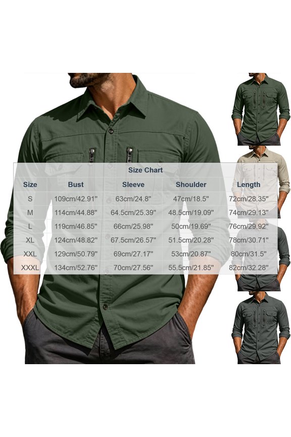 Men Lapel Collar Multi Zipper Pocket Long Sleeve Utility Shirt Ripstop Breathable Relaxed Fit Camping Hunting Mountain Work Tops Gray M