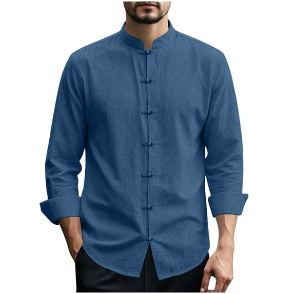 Timoontee Men Mandarin Collar Frog Button Long Sleeve Linen Shirt Loose Relaxed Fit Breathable Oriental Vintage Daily Resort Casual Tops Blue S