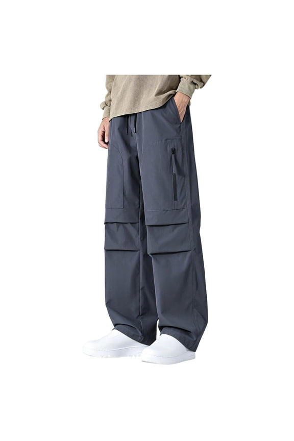 Men Metal Tip Drawstring Elastic High Waist Multi Layer Zipper Pocket Wide Leg Quick Dry Woven Cargo Pants Deep Side Slip Pockets Windproof Street Skate Outdoor Casual Trousers XXXL