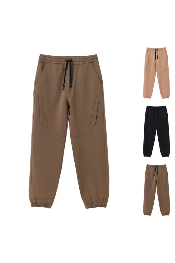 Men Metal Tip Drawstring Elastic High Waist Square Patch Pocket Cuffed Ankle Loose Knit Jogger Pants Deep Side Slip Pockets Wrinkle Free Loungewear Gym Trousers L