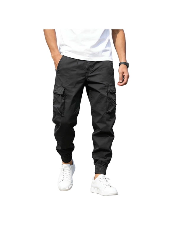 Men Multi Flap Pocket Cargo Jogger Pants Button Zipper Fly Elastic Ankle Cuffs Ripstop Relaxed Fit Outdoor Work Hiking Utility Trousers Gray XXXL