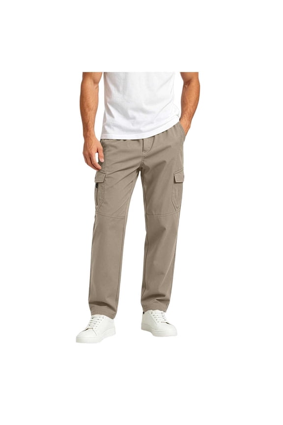 Men Multi Flap Pocket Straight Leg Cargo Pants Twill Fabric Belt Loops Button Zipper Fly Outdoor Work Weekend Casual Trousers Yellow M