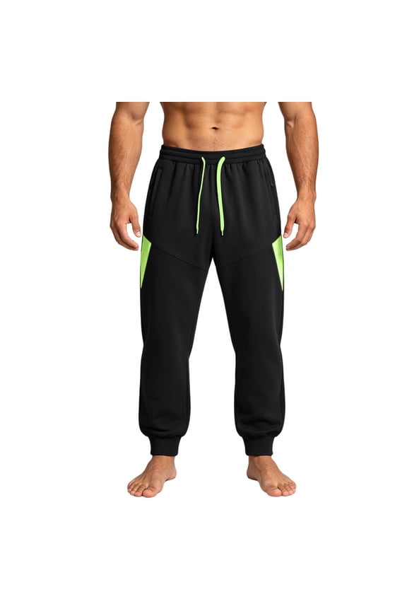 Men Neon Metal Tip Drawstring Elastic High Waist Angular Contrast Patch Cuffed Ankle Knit Jogger Pants Secure Zipper Side Pockets Lightweight Workout Running Sports Trousers S