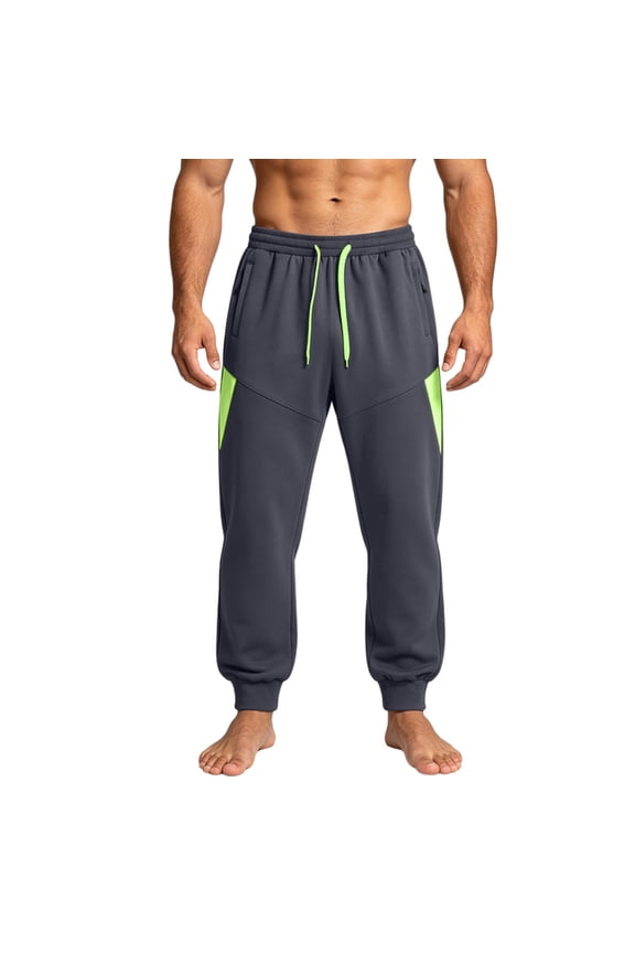 Men Neon Metal Tip Drawstring Elastic High Waist Angular Contrast Patch Cuffed Ankle Knit Jogger Pants Secure Zipper Side Pockets Lightweight Workout Running Sports Trousers XXXL