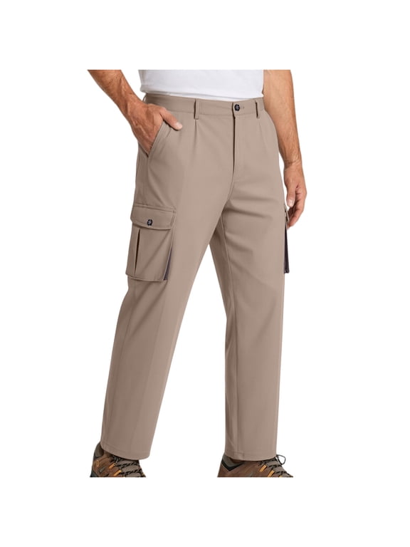 Men Pleated Tapered Cargo Dress Pants Button Zipper Fly Snap Flap Pockets Four Way Stretch Office Golf Outdoor Work Trousers Yellow XXXXL