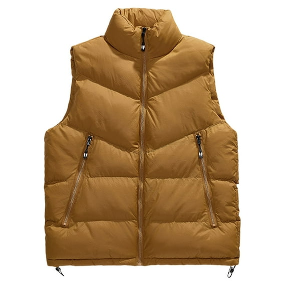 Timoontee Men Puffer Vest Casual Comfy Workwear Waistcoats Warm Thickened Vest Sleeveless Stand Collar Vest Solid Zip Up Jacket Vest Winter Padded Gilet Outerwear Khaki L