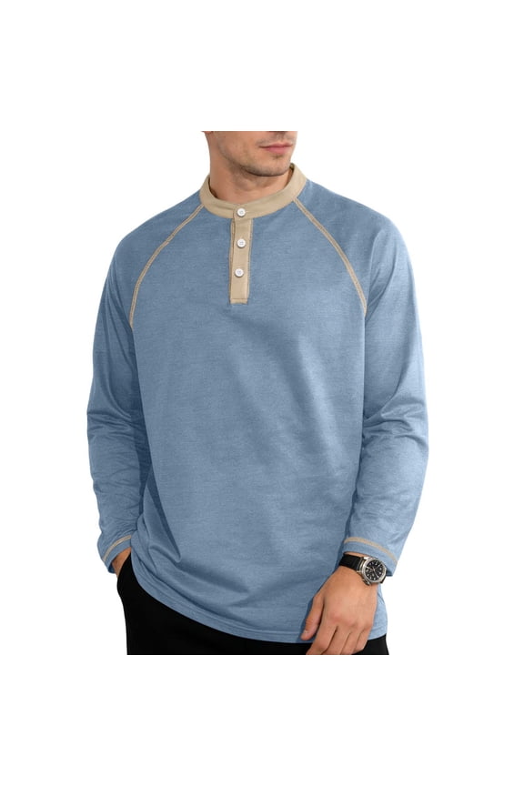 Men Raglan Contrast Trim Three Button Henley Long Sleeve Tee Heather Stretch Knit Lightweight Daily Walking Gym Layering Tops Blue XXXL