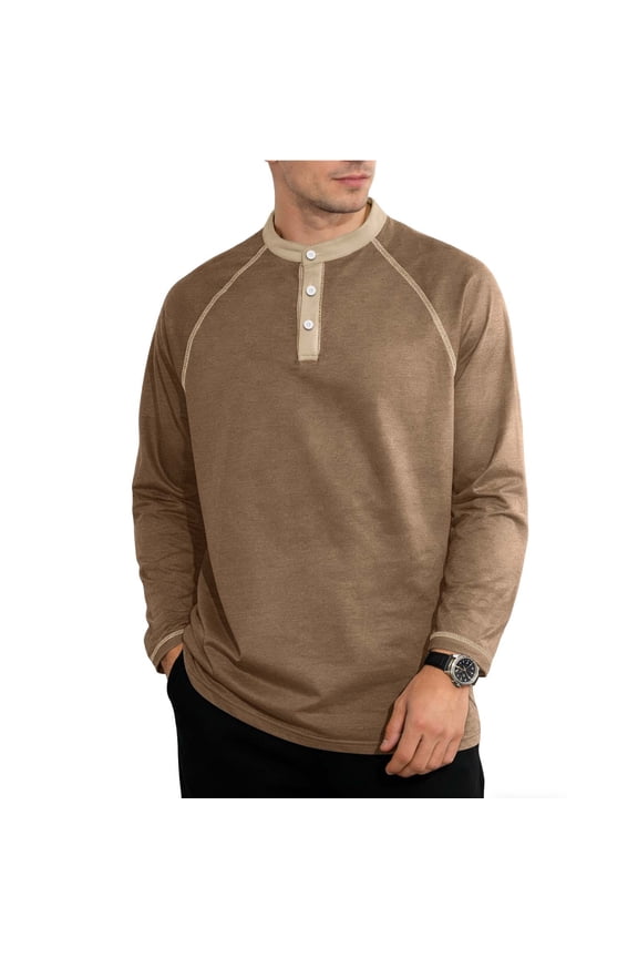 Men Raglan Contrast Trim Three Button Henley Long Sleeve Tee Heather Stretch Knit Lightweight Daily Walking Gym Layering Tops Brown XXXL