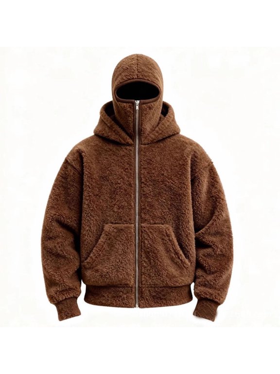 Men Sherpa Fleece Zip Up Hooded Jacket Built In Face Cover Kangaroo Pockets Ribbed Cuffs Hem Oversized Warm For Winter Streetwear Hip Hop Cold Season Wear Brown XL