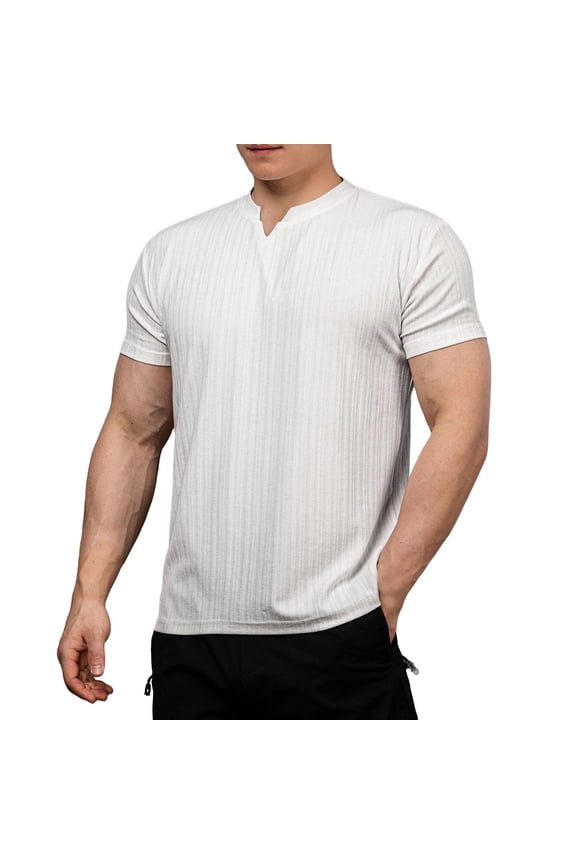 Men Short Sleeve Solid Casual V-Neck Pullover Sports T Shirt Blouse White M