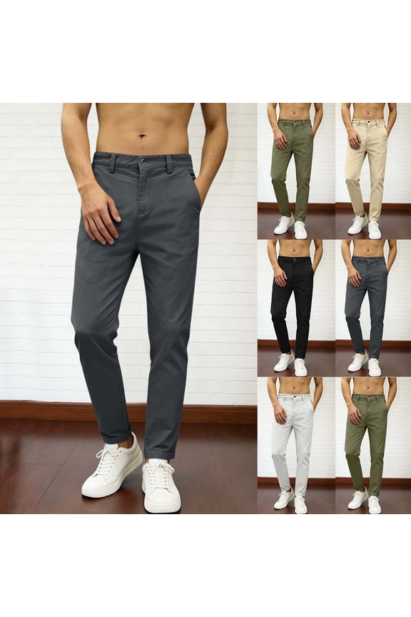 Men Slim Fit Cuffed Chino Pants Button Zipper Fly Classic Four Pockets Wrinkle Resistant Twill Office Commute Daily Casual Trousers Black L