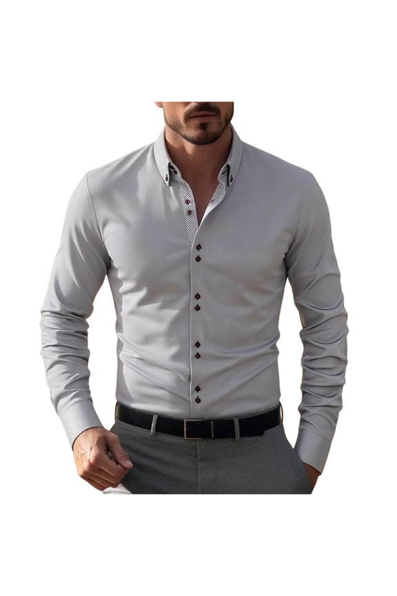 Men Slim Fit Stretch Long Sleeve Dress Shirt Contrast Inner Placket Decorative Buttons Wrinkle Free Formal Business Commute Tops Gray S