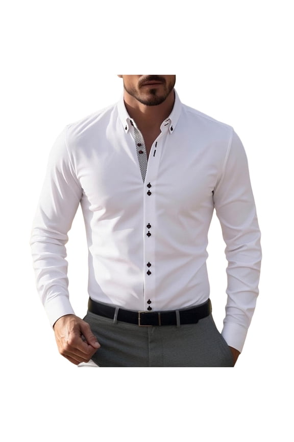 Men Slim Fit Stretch Long Sleeve Dress Shirt Contrast Inner Placket Decorative Buttons Wrinkle Free Formal Business Commute Tops White S