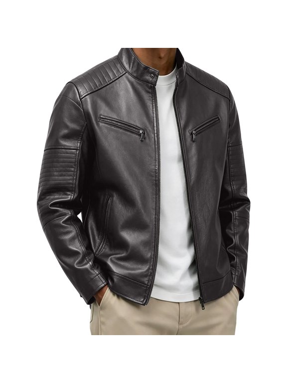 Men Stand‑Collar Faux‑Leather Biker‑Jacket Quilted‑Shoulder‑Details Multi‑Zipper‑Pockets Regular‑Fit Motorcycle‑Driving Coat Brown XXXL