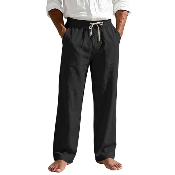 Timoontee Men Straight Linen Casual Pants Light Crinkle Texture Contrast Tip Drawstring Elastic Waist Relaxed Fit Resort Summer Walking Trousers Black XL