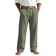 thumbnail image 1 of Timoontee Men Straight Linen Casual Pants Light Crinkle Texture Contrast Tip Drawstring Elastic Waist Relaxed Fit Resort Summer Walking Trousers Green L, 1 of 8