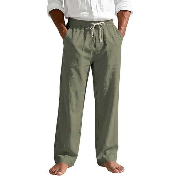 Timoontee Men Straight Linen Casual Pants Light Crinkle Texture Contrast Tip Drawstring Elastic Waist Relaxed Fit Resort Summer Walking Trousers Green L