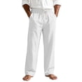 thumbnail image 1 of Timoontee Men Straight Linen Casual Pants Light Crinkle Texture Contrast Tip Drawstring Elastic Waist Relaxed Fit Resort Summer Walking Trousers White XXL, 1 of 8