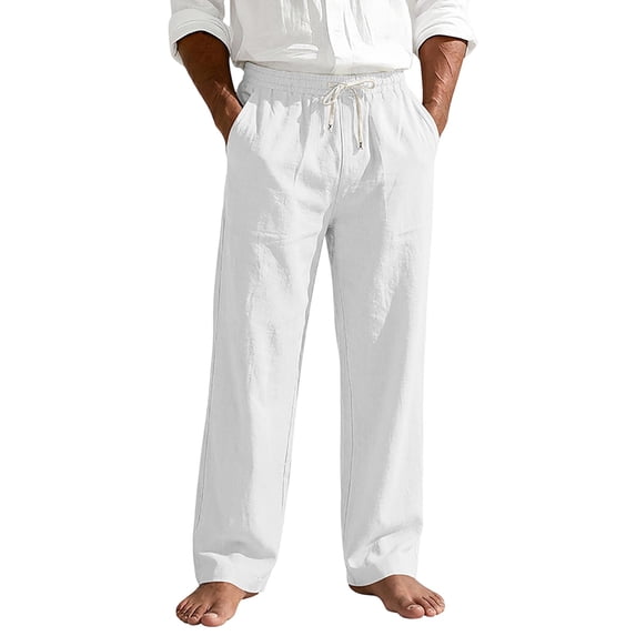 Timoontee Men Straight Linen Casual Pants Light Crinkle Texture Contrast Tip Drawstring Elastic Waist Relaxed Fit Resort Summer Walking Trousers White XXL