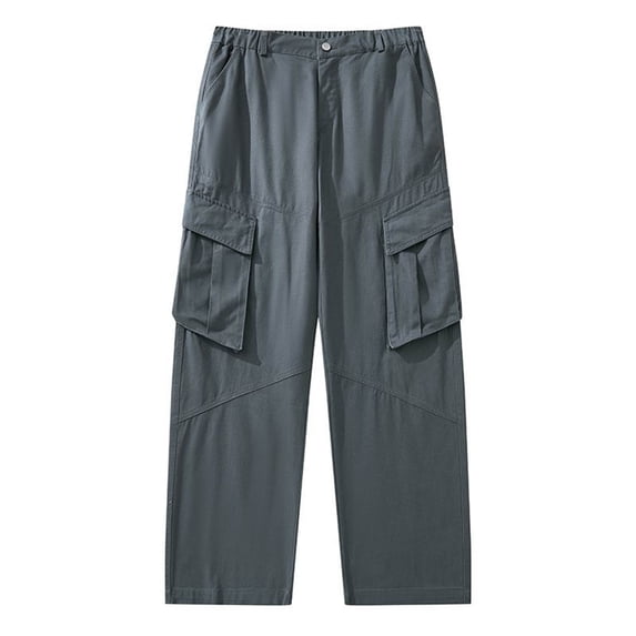 Timoontee Men Straight Wide Waist Cargo Pants Soft Sturdy Twill Fabric Diagonal Seam Stitching Large Thigh Patch Pockets Button Elastic Waist Casual Work Trousers Gray M