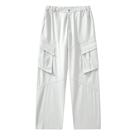 Timoontee Men Straight Wide Waist Cargo Pants Soft Sturdy Twill Fabric Diagonal Seam Stitching Large Thigh Patch Pockets Button Elastic Waist Casual Work Trousers White M