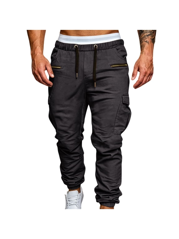 Men Tapered Cargo Jogger Pants Sturdy Twill Fabric Multi Zipper Security Pockets Drawstring Elastic Waist Hip Hop Tech Street Work Trousers Gray M