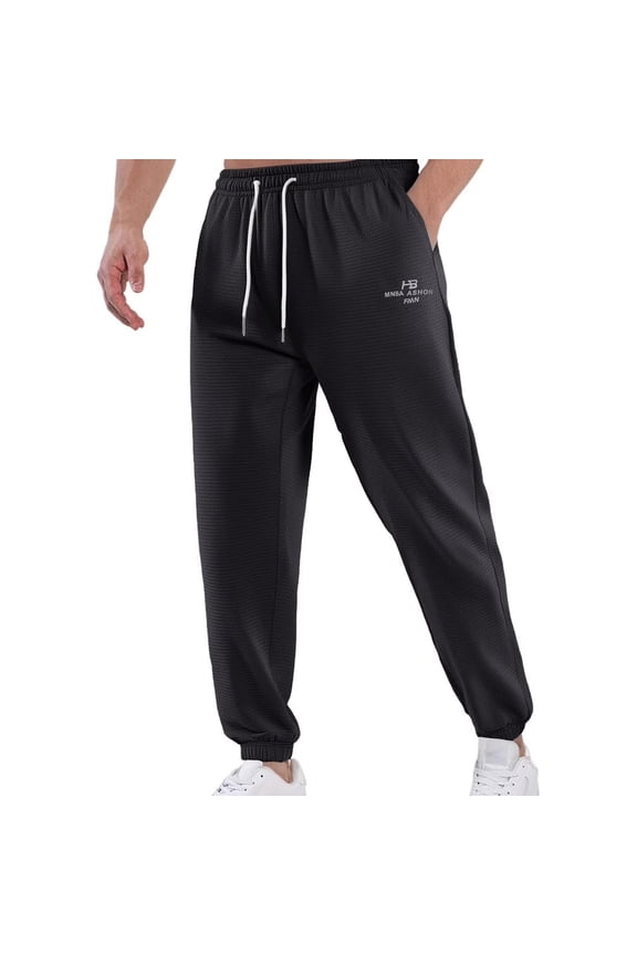 Men Textured Waffle Knit Rib Ankle Jogger Pants Elastic Drawstring Waist Small Printed Logo Lightweight Gym Running Lounge Trousers Black M