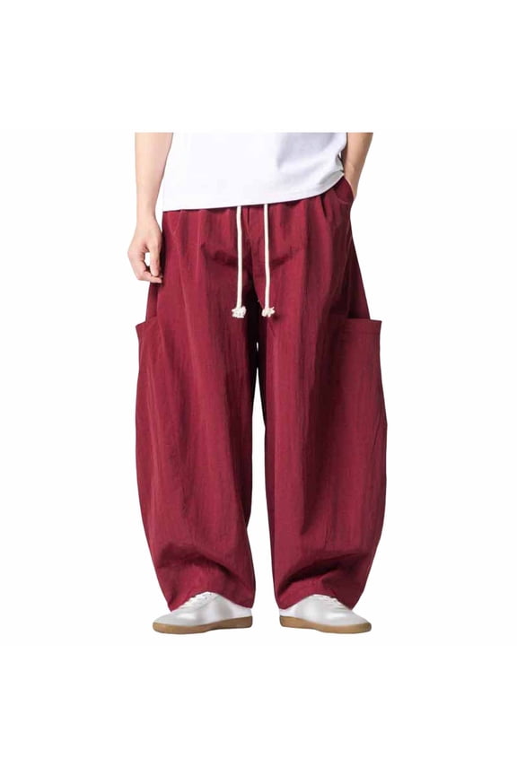 Men Thick Drawstring Elastic High Waist Big Side Patch Pocket Oversized Baggy Linen Wide Leg Pants Deep Hidden Side Pockets Loose Fit Urban Streetwear Trousers XXL