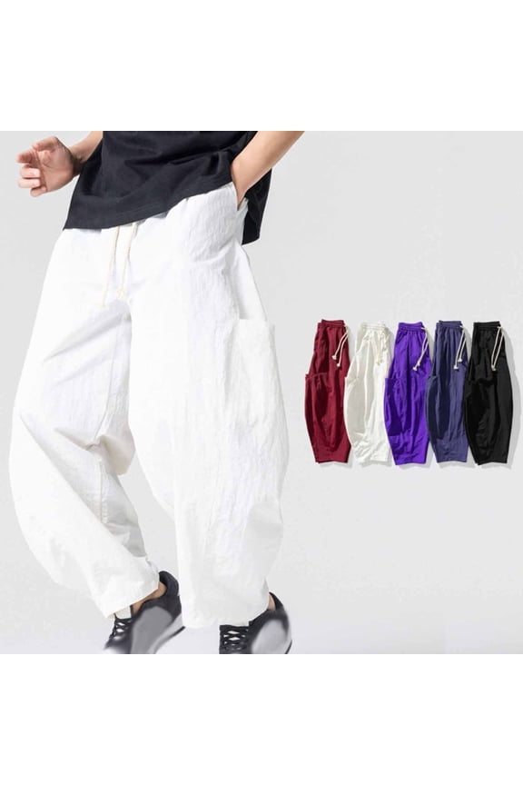 Men Thick Drawstring Elastic High Waist Big Side Patch Pocket Oversized Baggy Linen Wide Leg Pants Deep Hidden Side Pockets Loose Fit Urban Streetwear Trousers L