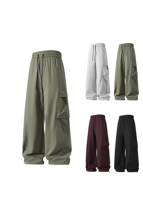 Men Thin Drawstring Elastic High Waist Single Flap Cargo Oversized Wide Leg Quick Dry Woven Pants Adjustable Hem Drawcuff Large Storage Side Pockets Windproof Streetwear Trousers L
