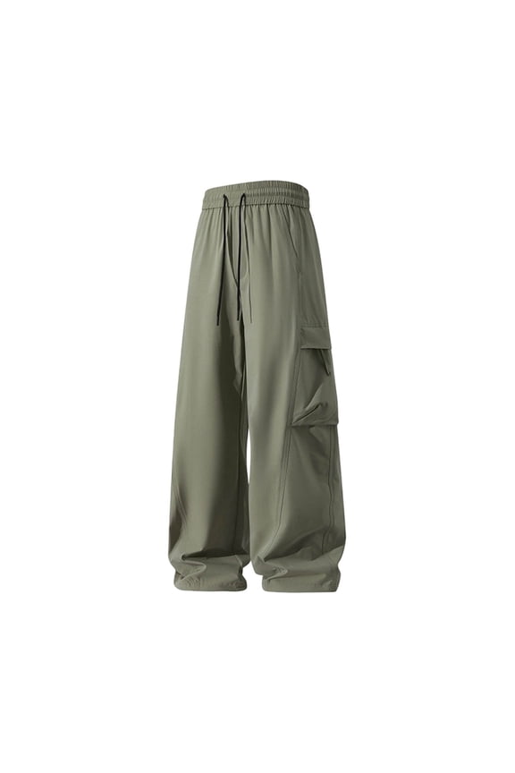 Men Thin Drawstring Elastic High Waist Single Flap Cargo Oversized Wide Leg Quick Dry Woven Pants Adjustable Hem Drawcuff Large Storage Side Pockets Windproof Streetwear Trousers S