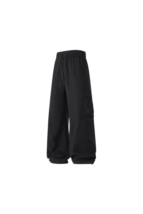Men Thin Drawstring Elastic High Waist Single Flap Cargo Oversized Wide Leg Quick Dry Woven Pants Adjustable Hem Drawcuff Large Storage Side Pockets Windproof Streetwear Trousers XXL